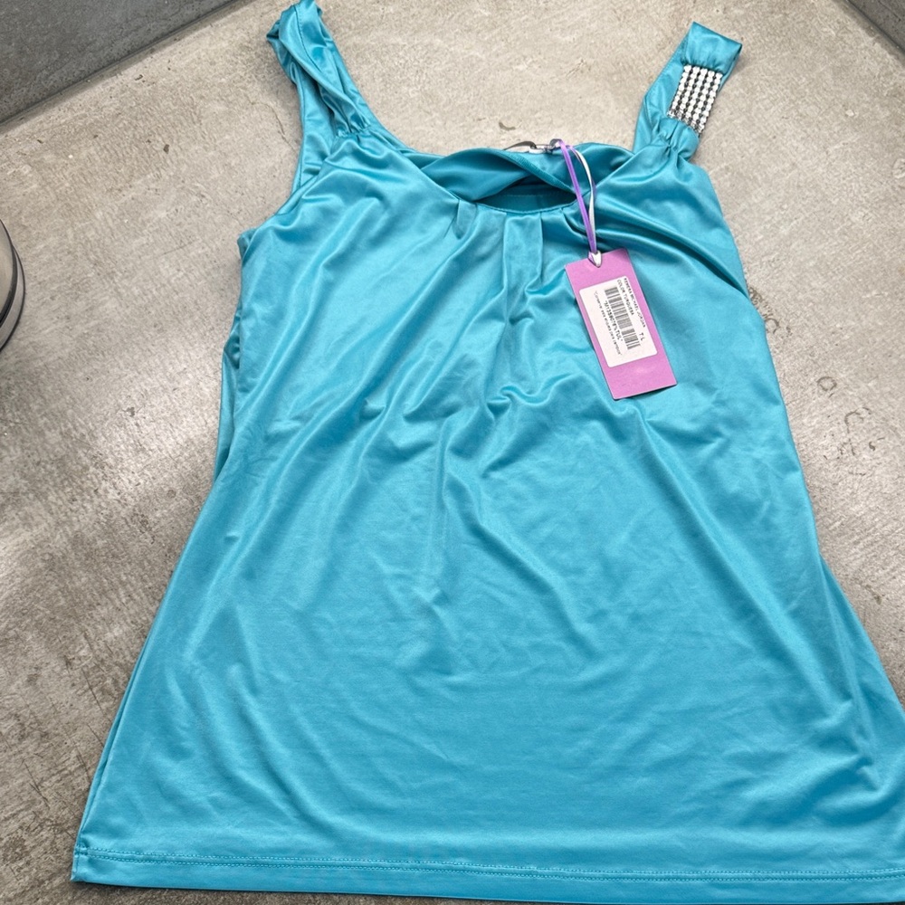 Embellished Strap Turquoise Sleeveless Tank Top
